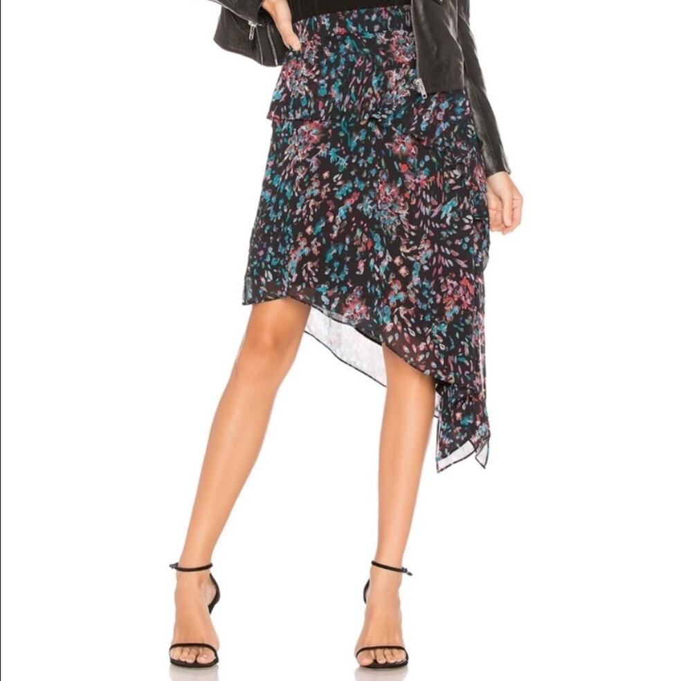 IRO Blink Black Petal Print Asymmetric Chiffon Skirt Size 6
